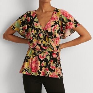 Lauren Ralph Lauren Floral Ruffle Trim Surplice Jersey Top Size M